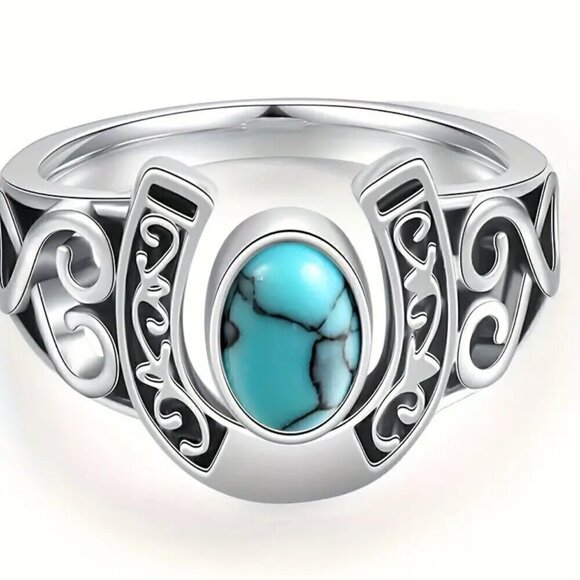 Boho Horseshoe and Faux Turquoise Ring #1370 - Picture 1 of 9